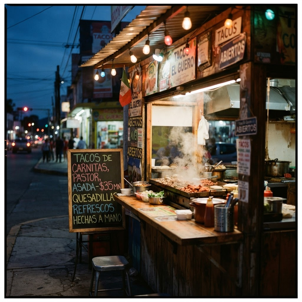 A street-side taco window at dusk with warm lights